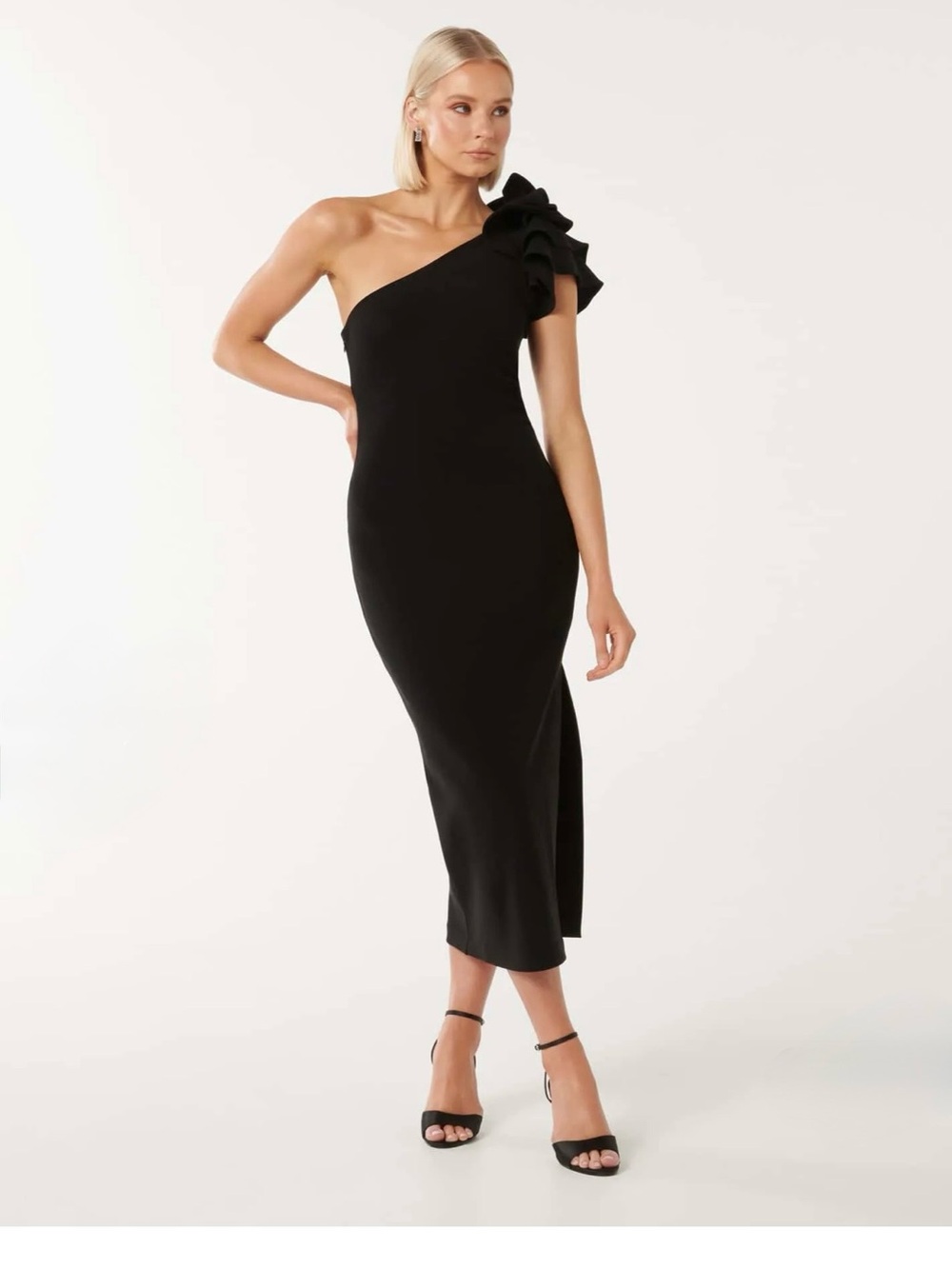 Ever new Melbourne One-Shoulder Black Ruffle Midi Dress